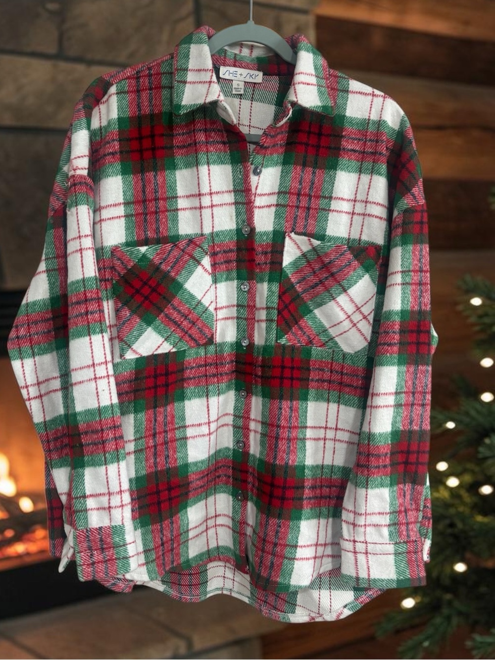 Women’s Plaid Button-Down Shacket in Red, Green & White
